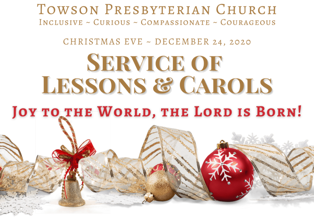 TPC's Service of Lessons and Carols graphic with gold lettering and Christmas ornaments below.